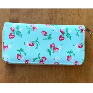 New Chloe Alexis Strawberry Zipper Wallet Faux Leather Canvas Baby Blue 7x4" NWT